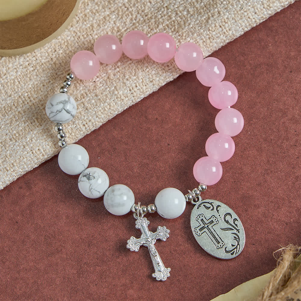Christianartworkshop Armband aus natürlichem Howlithstein mit dem Heiligen Michael: Hellblau & Rosa – Doppelter spiritueller Schutz - image 5