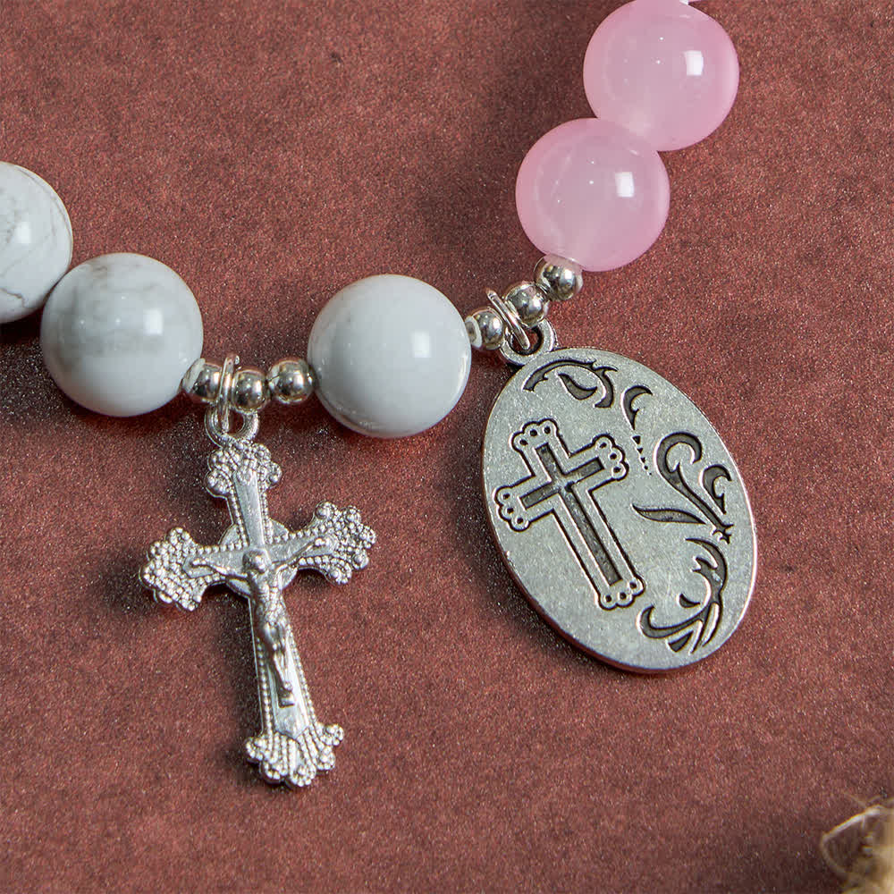Christianartworkshop Armband aus natürlichem Howlithstein mit dem Heiligen Michael: Hellblau & Rosa – Doppelter spiritueller Schutz - image 6