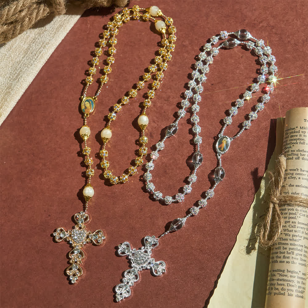 Christianartworkshop Funkelnder goldener Rosenkranz mit goldenen Perlen und der Muttergottes der Gnade - image 2