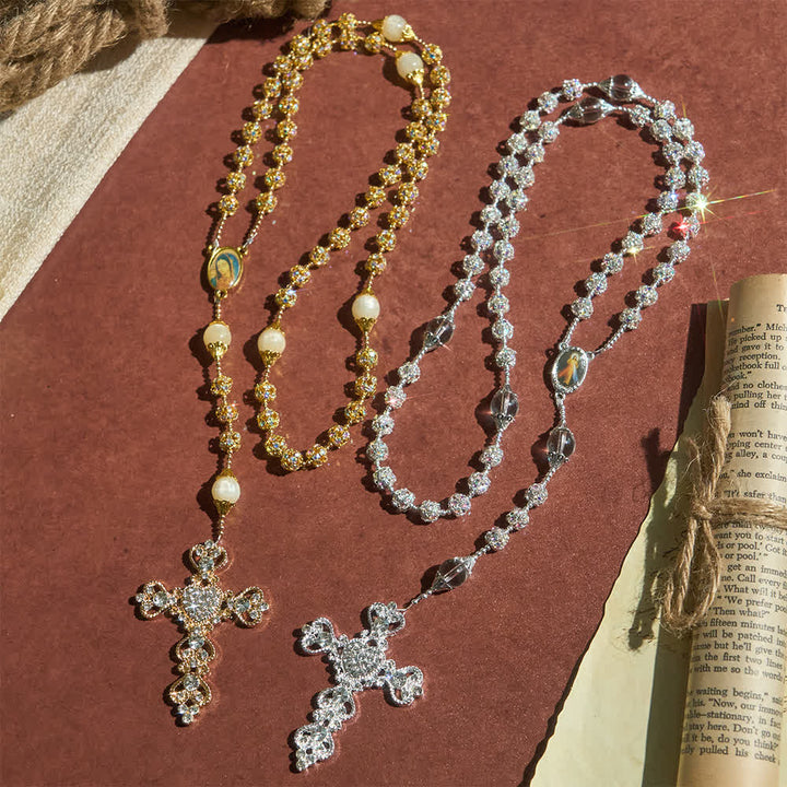 Christianartworkshop Funkelnder goldener Rosenkranz mit goldenen Perlen und der Muttergottes der Gnade - image 2