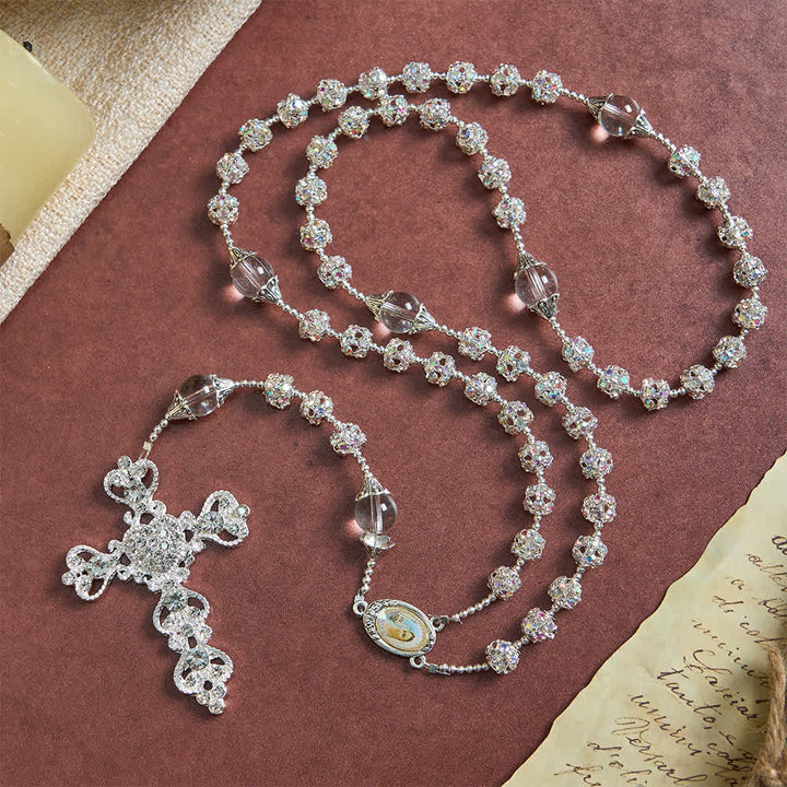 Christianartworkshop Funkelnder goldener Rosenkranz mit goldenen Perlen und der Muttergottes der Gnade - image 11