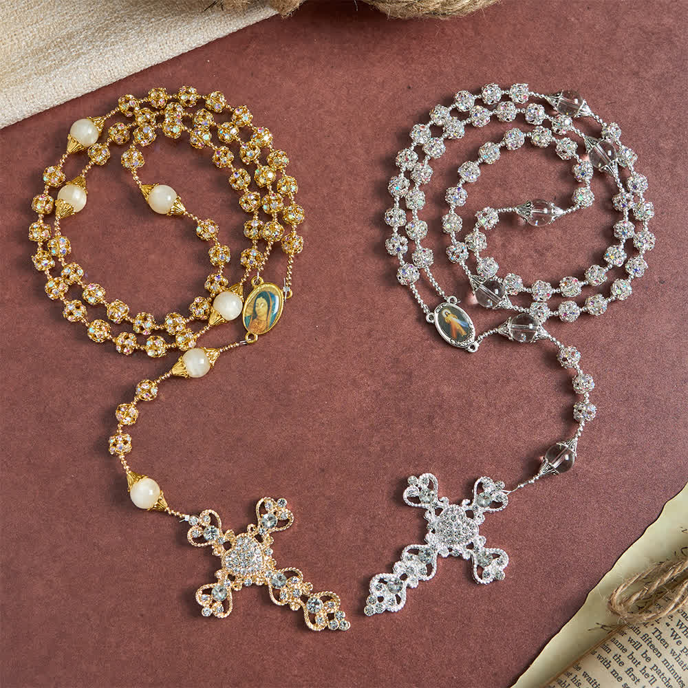 Christianartworkshop Funkelnder goldener Rosenkranz mit goldenen Perlen und der Muttergottes der Gnade - image 1
