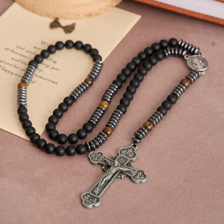 Christianartworkshop Rosenkranz aus schwarzem Glas und Tigerauge mit St.-Benedikt-Medaille und antikem Zinnkreuz - Rosenkranz aus schwarzem Glas und Tigerauge - image 0