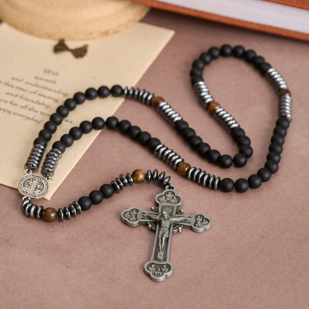 Christianartworkshop Rosenkranz aus schwarzem Glas und Tigerauge mit St.-Benedikt-Medaille und antikem Zinnkreuz - image 1