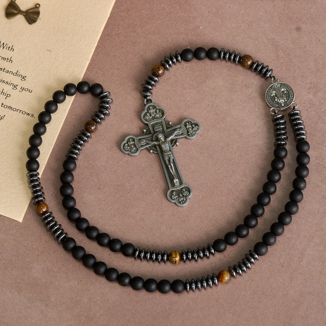 Christianartworkshop Rosenkranz aus schwarzem Glas und Tigerauge mit St.-Benedikt-Medaille und antikem Zinnkreuz - image 2