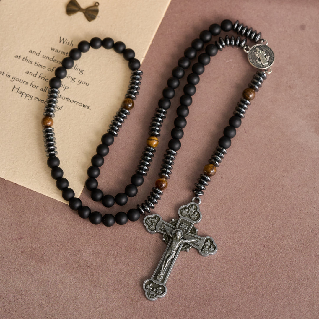 Christianartworkshop Rosenkranz aus schwarzem Glas und Tigerauge mit St.-Benedikt-Medaille und antikem Zinnkreuz - image 3