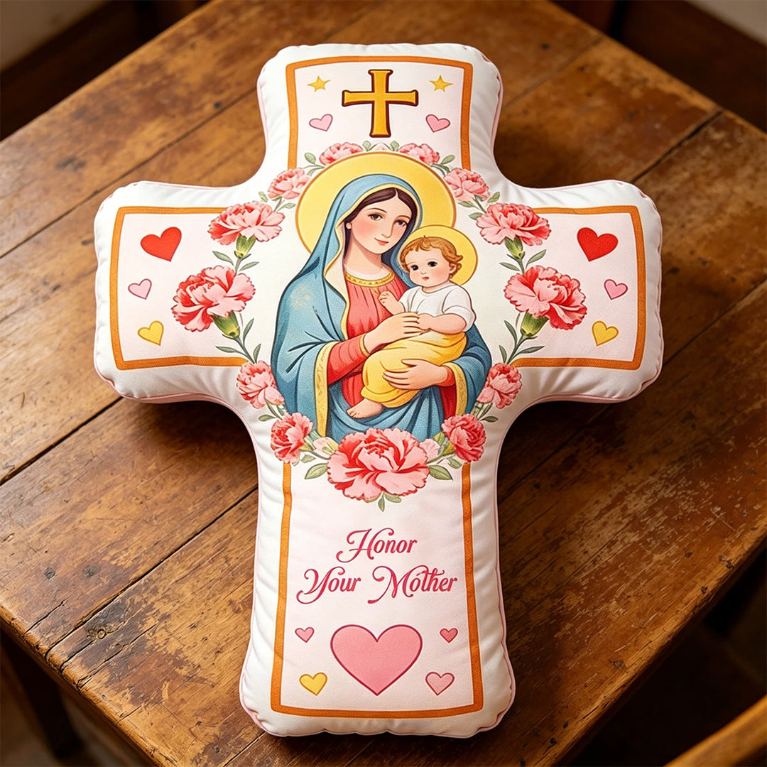 Christianartworkshop Kissen mit Madonna-Kreuz und floralem Herzmuster: Warmes, vom Glauben inspiriertes Dekokissen für Ihr Zuhause - image 2