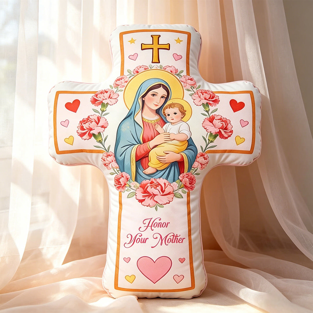 Christianartworkshop Kissen mit Madonna-Kreuz und floralem Herzmuster: Warmes, vom Glauben inspiriertes Dekokissen für Ihr Zuhause - 24 Zoll (60 cm) - image 0