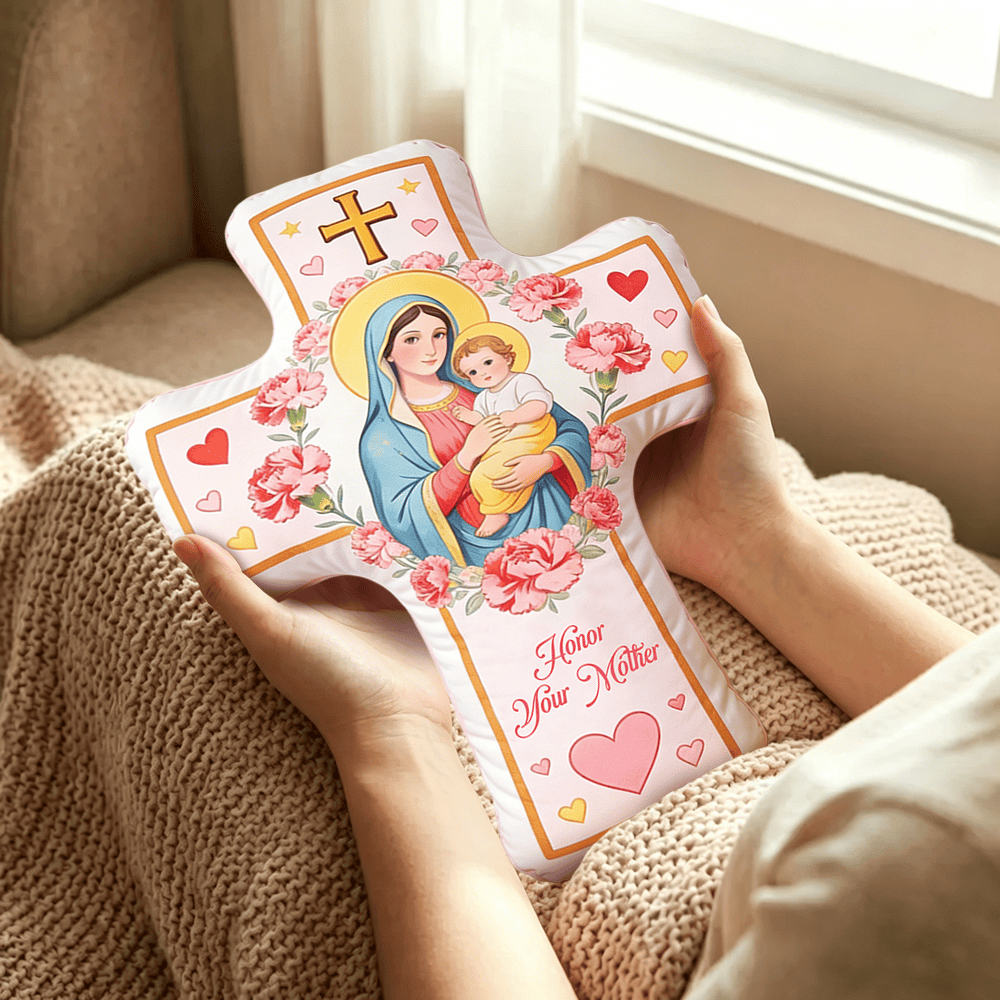 Christianartworkshop Kissen mit Madonna-Kreuz und floralem Herzmuster: Warmes, vom Glauben inspiriertes Dekokissen für Ihr Zuhause - image 3