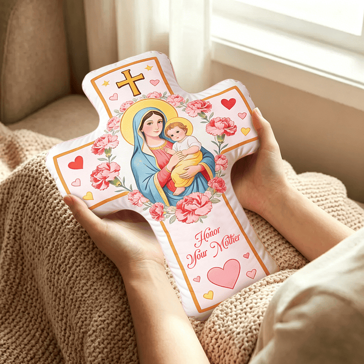Christianartworkshop Kissen mit Madonna-Kreuz und floralem Herzmuster: Warmes, vom Glauben inspiriertes Dekokissen für Ihr Zuhause - image 3