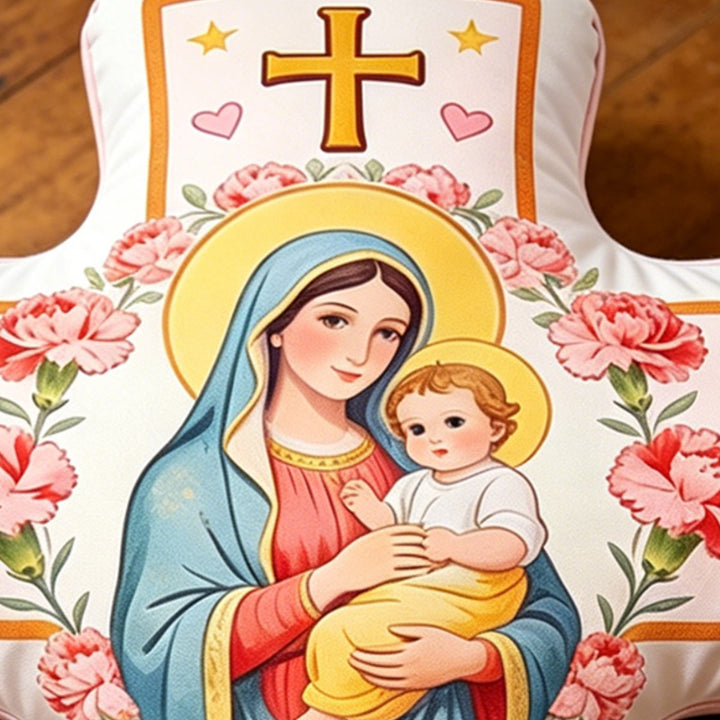 Christianartworkshop Kissen mit Madonna-Kreuz und floralem Herzmuster: Warmes, vom Glauben inspiriertes Dekokissen für Ihr Zuhause - image 4