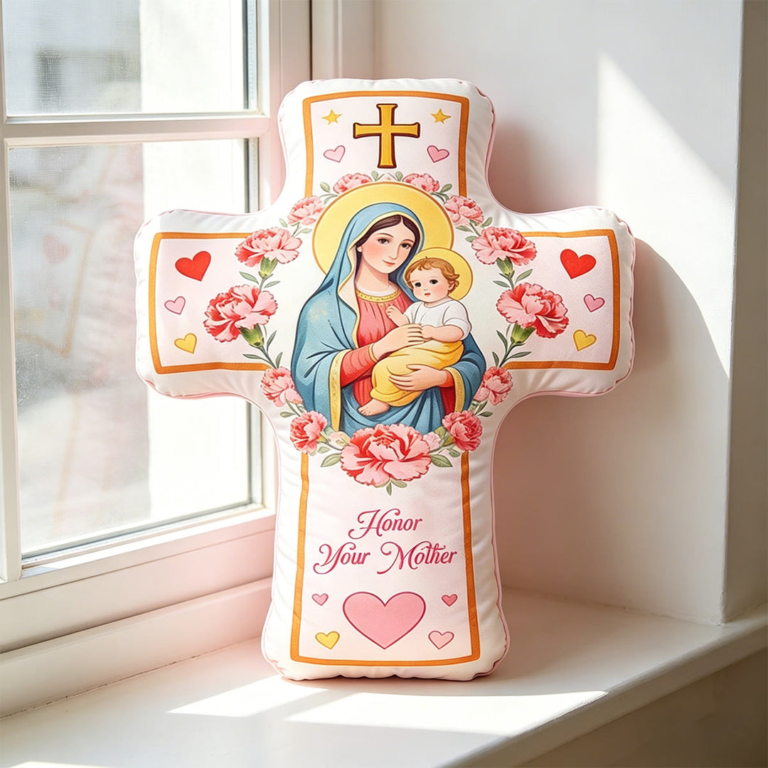 Christianartworkshop Kissen mit Madonna-Kreuz und floralem Herzmuster: Warmes, vom Glauben inspiriertes Dekokissen für Ihr Zuhause - image 5