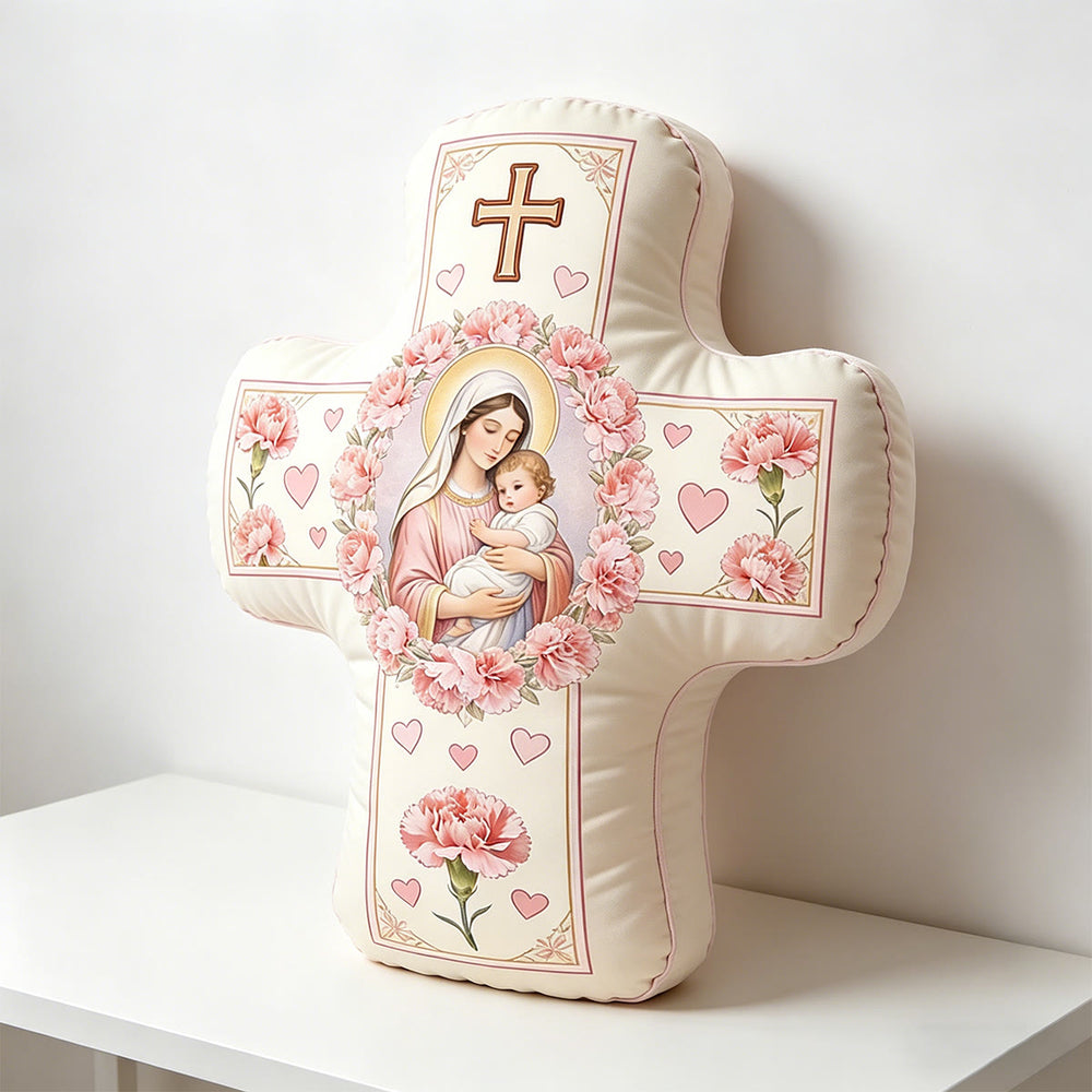 Christianartworkshop Blumenförmiges Kissen mit Kreuzmotiv „Unsere Liebe Frau und das Heilige Kind“: Heiliges Symbol mütterlicher Liebe und ewiger Gnade - image 1