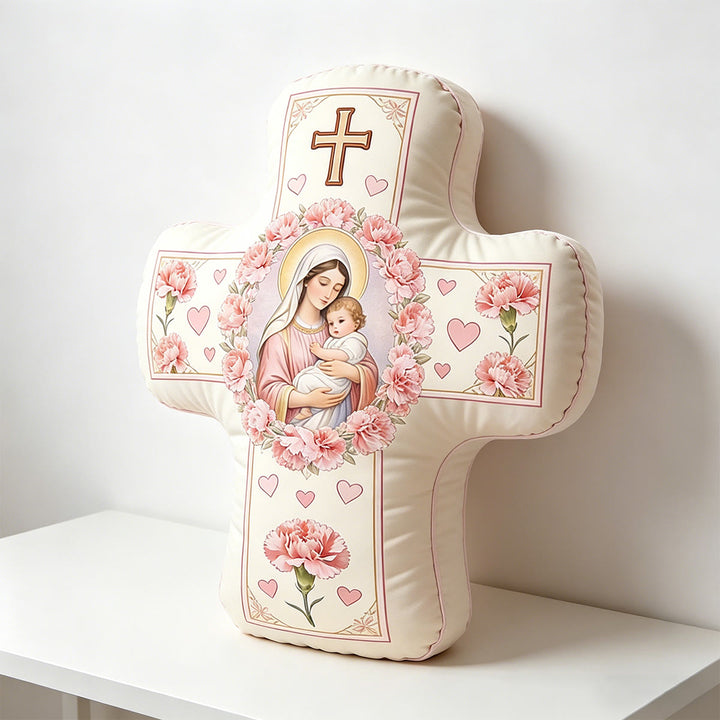 Christianartworkshop Blumenförmiges Kissen mit Kreuzmotiv „Unsere Liebe Frau und das Heilige Kind“: Heiliges Symbol mütterlicher Liebe und ewiger Gnade - image 1