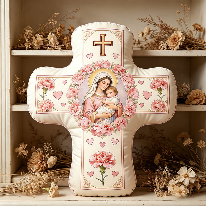 Christianartworkshop Blumenförmiges Kissen mit Kreuzmotiv „Unsere Liebe Frau und das Heilige Kind“: Heiliges Symbol mütterlicher Liebe und ewiger Gnade - 24 Zoll (60 cm) - image 0