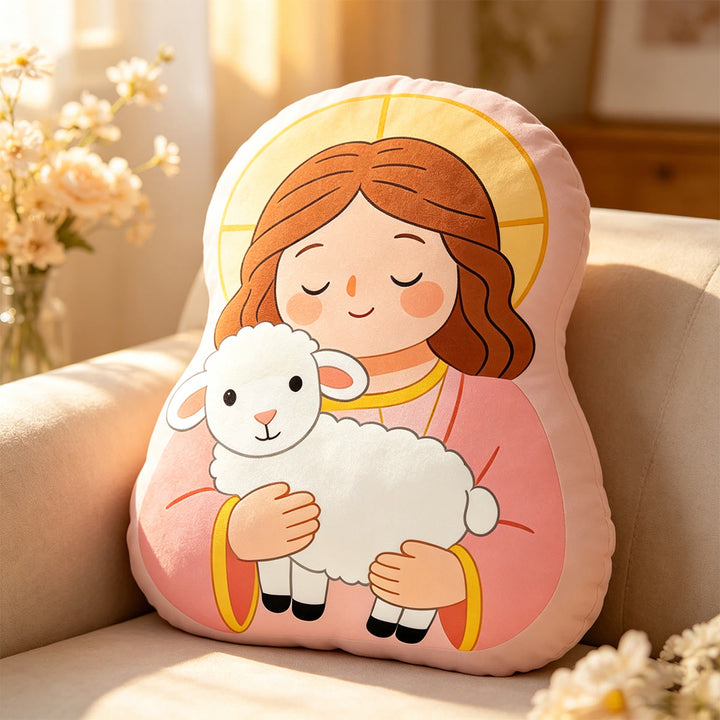 Christianartworkshop Kissen mit der Figur „Unsere Liebe Frau mit Lamm“: Symbol für zärtliche mütterliche Fürsorge und sanften Segen - 24 Zoll (60 cm) - Rosa - image 0