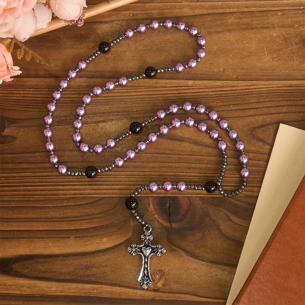 Christianartworkshop Rosenkranz aus vierfarbigen Glasperlen mit Herzmotivkreuz: Zeitloses Symbol des heiligen Gebets und des Glaubens - Lila - image 0