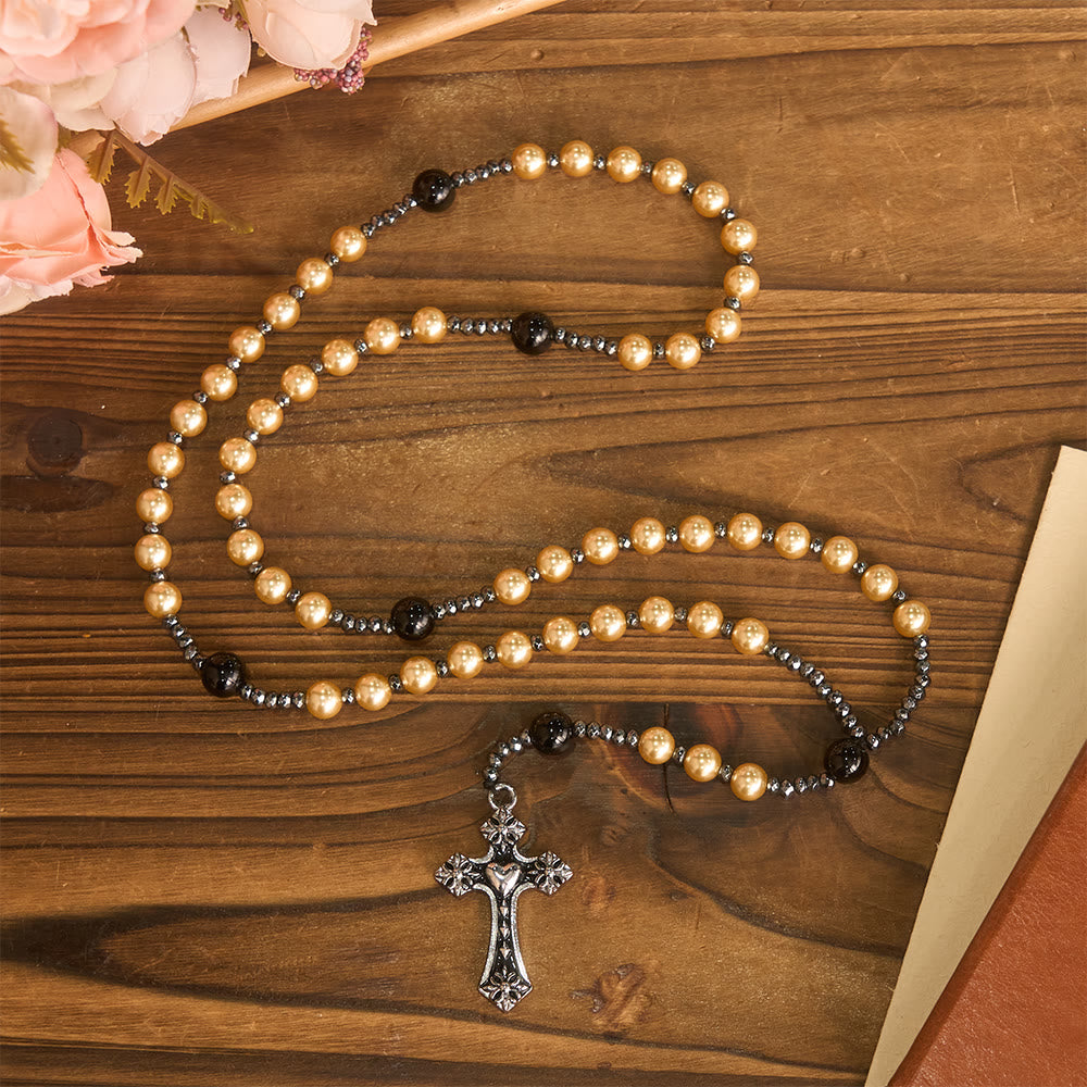 Christianartworkshop Rosenkranz aus vierfarbigen Glasperlen mit Herzmotivkreuz: Zeitloses Symbol des heiligen Gebets und des Glaubens - Gelb - image 9