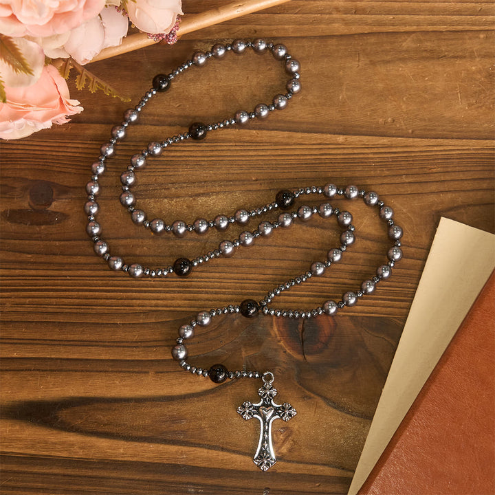 Christianartworkshop Rosenkranz aus vierfarbigen Glasperlen mit Herzmotivkreuz: Zeitloses Symbol des heiligen Gebets und des Glaubens - Schwarz - image 3