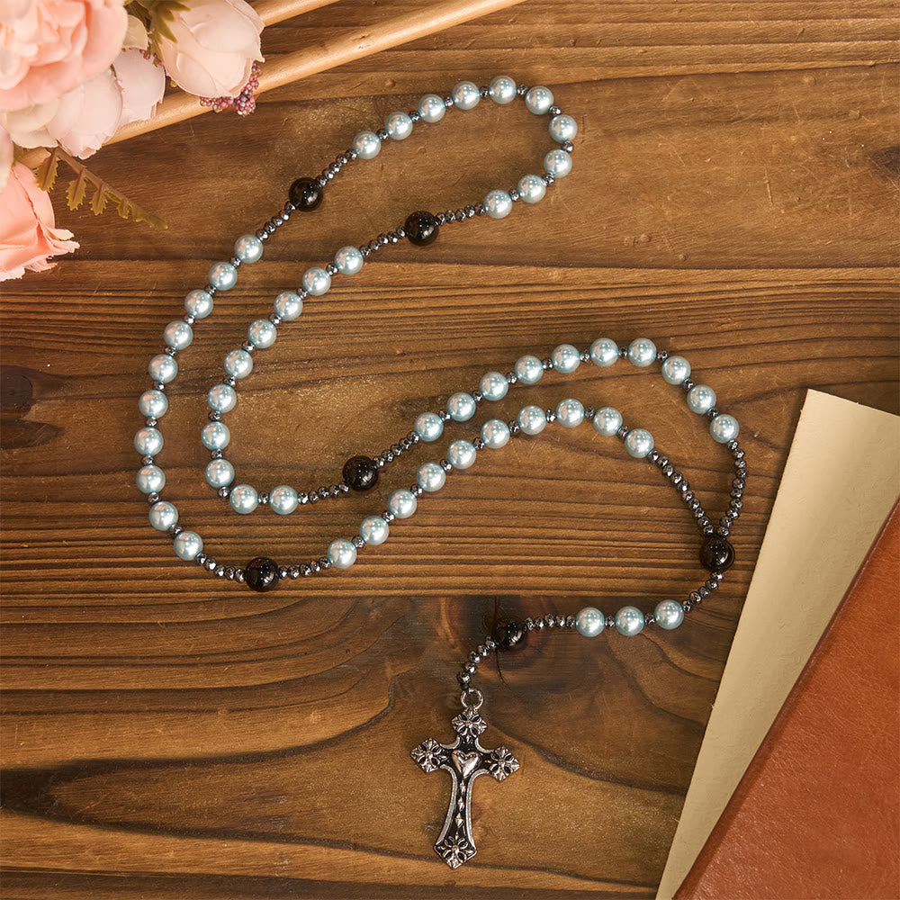 Christianartworkshop Rosenkranz aus vierfarbigen Glasperlen mit Herzmotivkreuz: Zeitloses Symbol des heiligen Gebets und des Glaubens - Blau - image 6