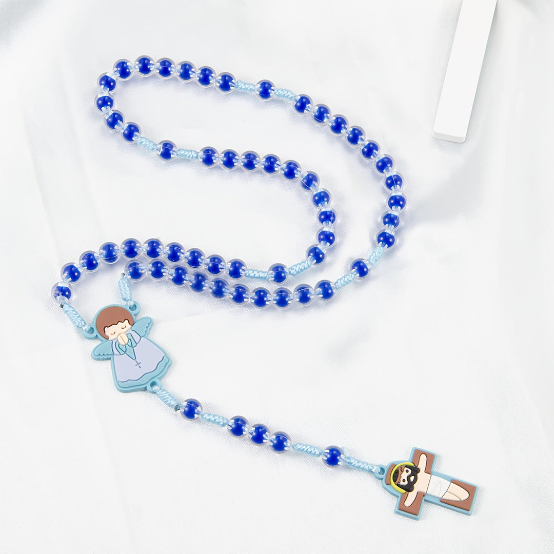 Christianartworkshop Kinderfreundlicher Rosenkranz mit Cartoon-Motiv: Engelsmedaille & niedlicher Jesus-Kreuzanhänger (Rosa/Blau) - image 3