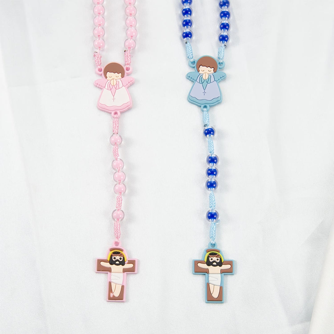 Christianartworkshop Kinderfreundlicher Rosenkranz mit Cartoon-Motiv: Engelsmedaille & niedlicher Jesus-Kreuzanhänger (Rosa/Blau) - image 2