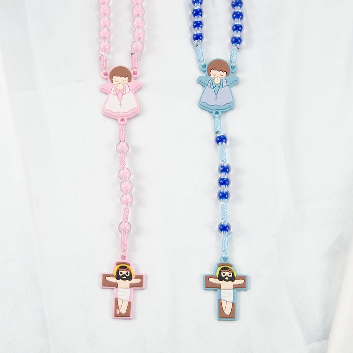 Christianartworkshop Kinderfreundlicher Rosenkranz mit Cartoon-Motiv: Engelsmedaille & niedlicher Jesus-Kreuzanhänger (Rosa/Blau) - image 2