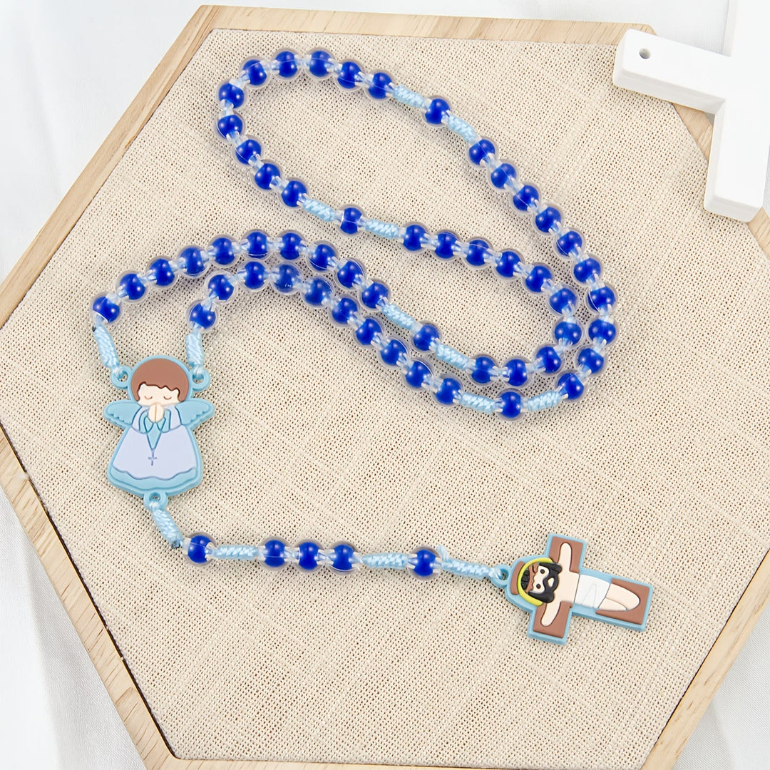 Christianartworkshop Kinderfreundlicher Rosenkranz mit Cartoon-Motiv: Engelsmedaille & niedlicher Jesus-Kreuzanhänger (Rosa/Blau) - Blau - image 0