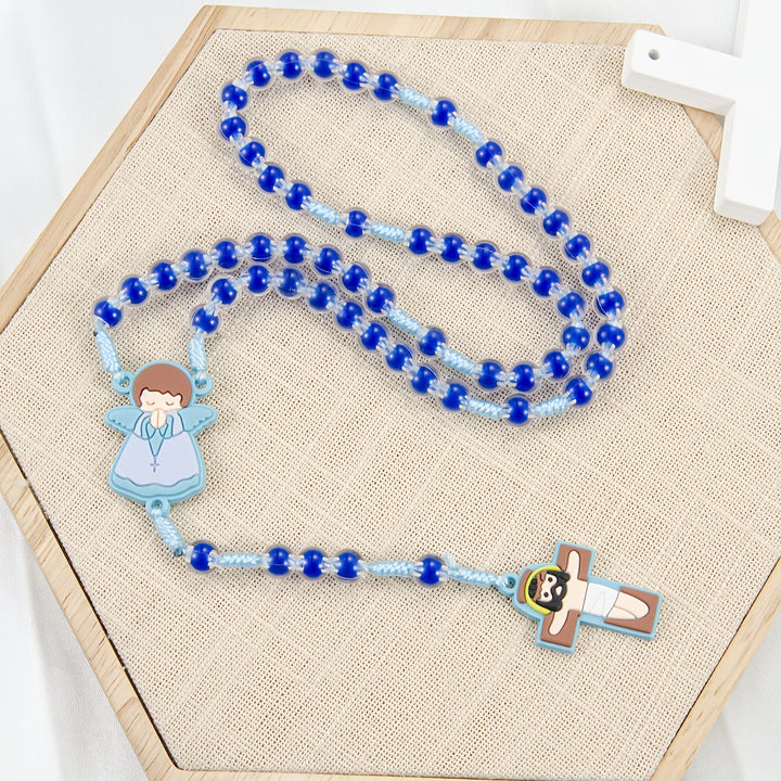 Christianartworkshop Kinderfreundlicher Rosenkranz mit Cartoon-Motiv: Engelsmedaille & niedlicher Jesus-Kreuzanhänger (Rosa/Blau) - Blau - image 0