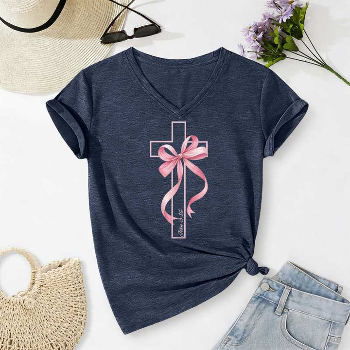 Christianartworkshop Lässiges T-Shirt mit V-Ausschnitt und Grafikmuster: Kreuz mit rosa Schleife - Marineblau - 2XL - image 18