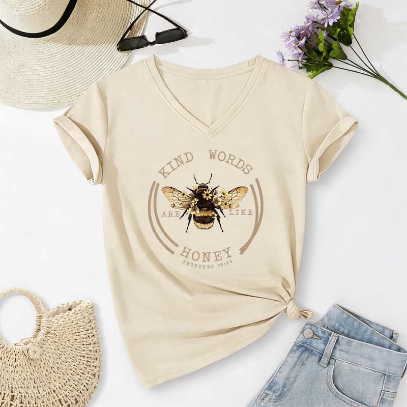 Christianartworkshop Freundliche Worte sind wie Honig (Sprüche 16,24) – Lässiges V-Ausschnitt-T-Shirt von Bee - Beige - 2XL - image 0
