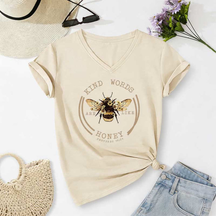 Christianartworkshop Freundliche Worte sind wie Honig (Sprüche 16,24) – Lässiges V-Ausschnitt-T-Shirt von Bee - Beige - 2XL - image 0