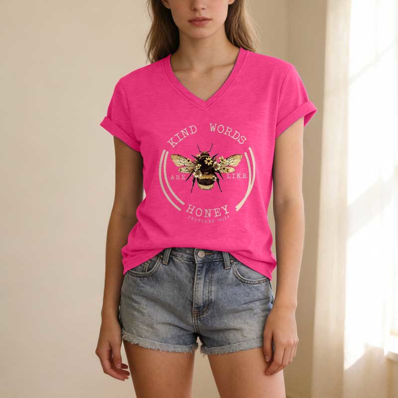 Christianartworkshop Freundliche Worte sind wie Honig (Sprüche 16,24) – Lässiges V-Ausschnitt-T-Shirt von Bee - image 25