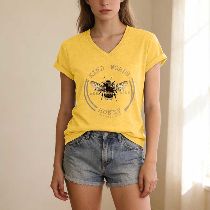 Christianartworkshop Freundliche Worte sind wie Honig (Sprüche 16,24) – Lässiges V-Ausschnitt-T-Shirt von Bee - image 7