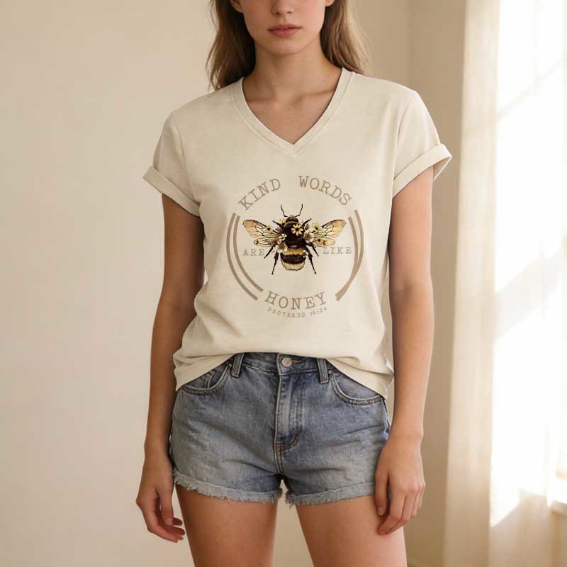 Christianartworkshop Freundliche Worte sind wie Honig (Sprüche 16,24) – Lässiges V-Ausschnitt-T-Shirt von Bee - image 1