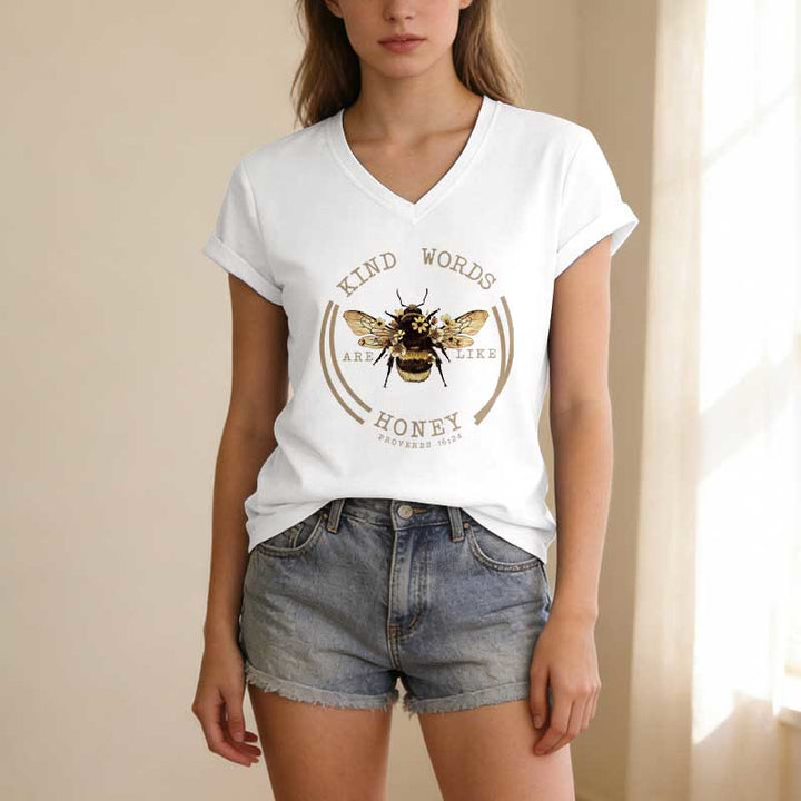 Christianartworkshop Freundliche Worte sind wie Honig (Sprüche 16,24) – Lässiges V-Ausschnitt-T-Shirt von Bee - image 5