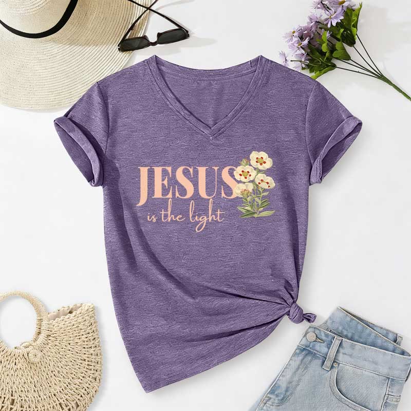 Christianartworkshop Jesus Is The Light Floral Casual V-Ausschnitt T-Shirt - Lila - 2XL - image 18