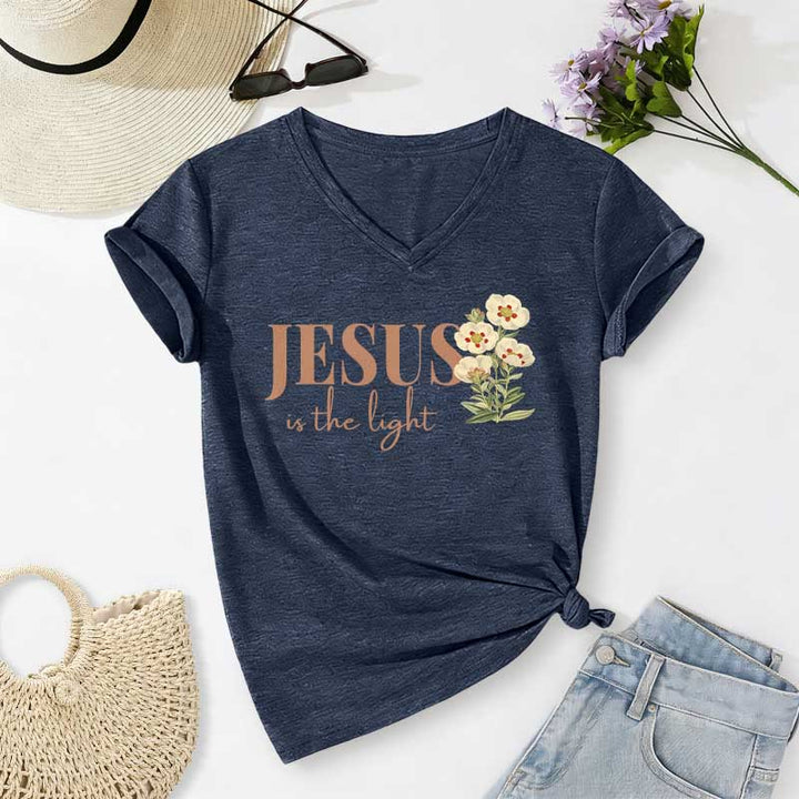 Christianartworkshop Jesus Is The Light Floral Casual V-Ausschnitt T-Shirt - Marineblau - 2XL - image 20