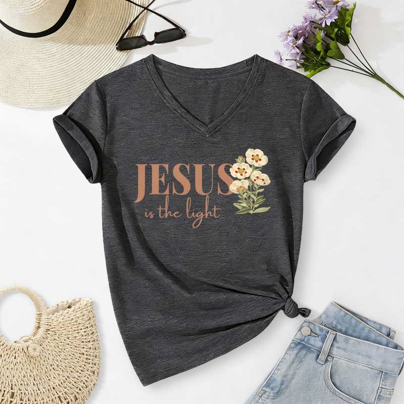 Christianartworkshop Jesus Is The Light Floral Casual V-Ausschnitt T-Shirt - Dunkelgrau - 2XL - image 22
