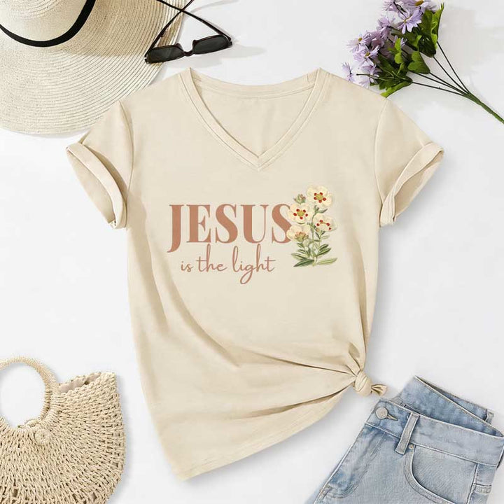 Christianartworkshop Jesus Is The Light Floral Casual V-Ausschnitt T-Shirt - Beige - 2XL - image 6