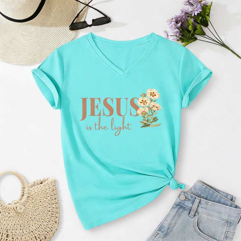 Christianartworkshop Jesus Is The Light Floral Casual V-Ausschnitt T-Shirt - Himmelblau - 2XL - image 10