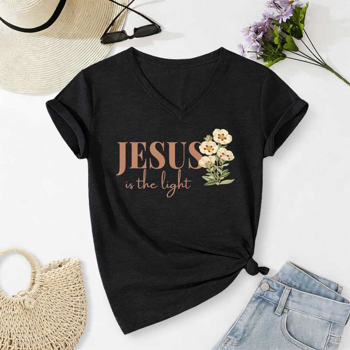 Christianartworkshop Jesus Is The Light Floral Casual V-Ausschnitt T-Shirt - Schwarz - 2XL - image 14