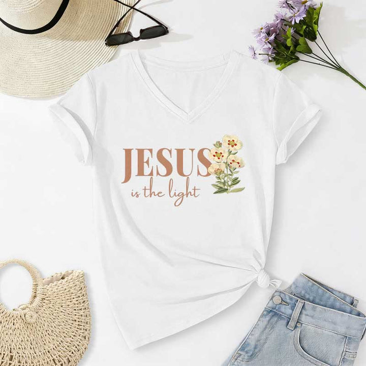 Christianartworkshop Jesus Is The Light Floral Casual V-Ausschnitt T-Shirt - Weiß - 2XL - image 4