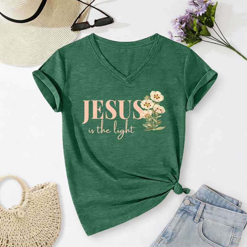 Christianartworkshop Jesus Is The Light Floral Casual V-Ausschnitt T-Shirt - Dunkelgrün - 2XL - image 16