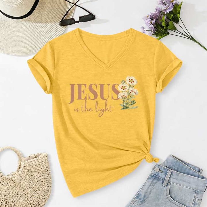 Christianartworkshop Jesus Is The Light Floral Casual V-Ausschnitt T-Shirt - Gelb - 2XL - image 8