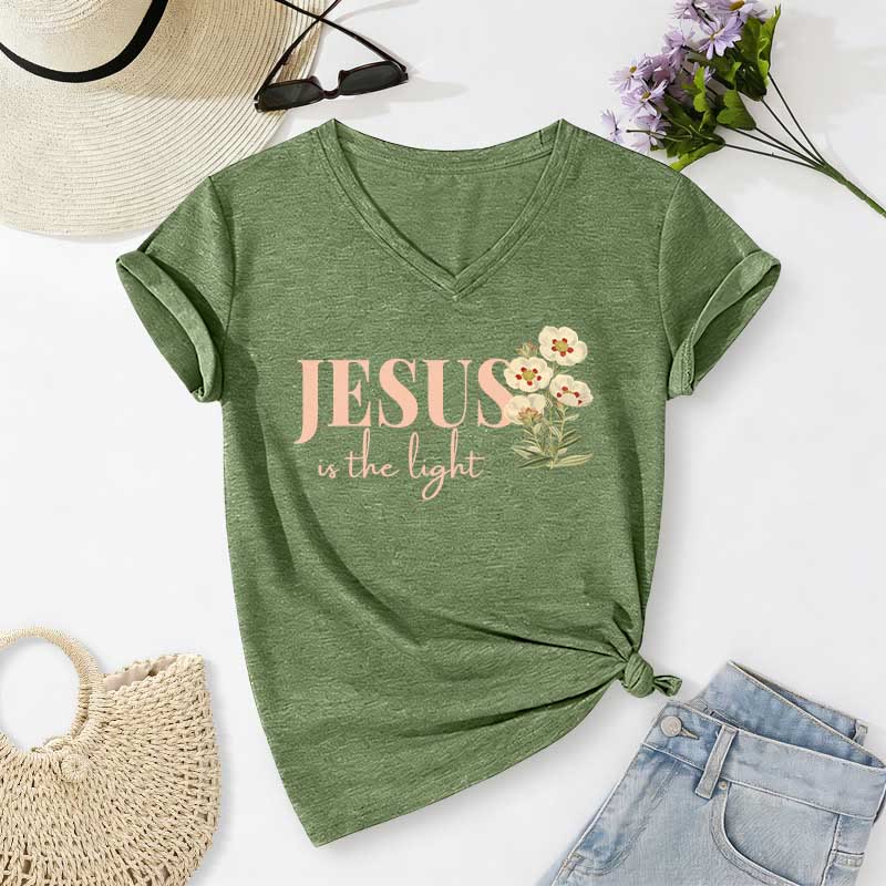 Christianartworkshop Jesus Is The Light Floral Casual V-Ausschnitt T-Shirt - Olivgrün - 2XL - image 2