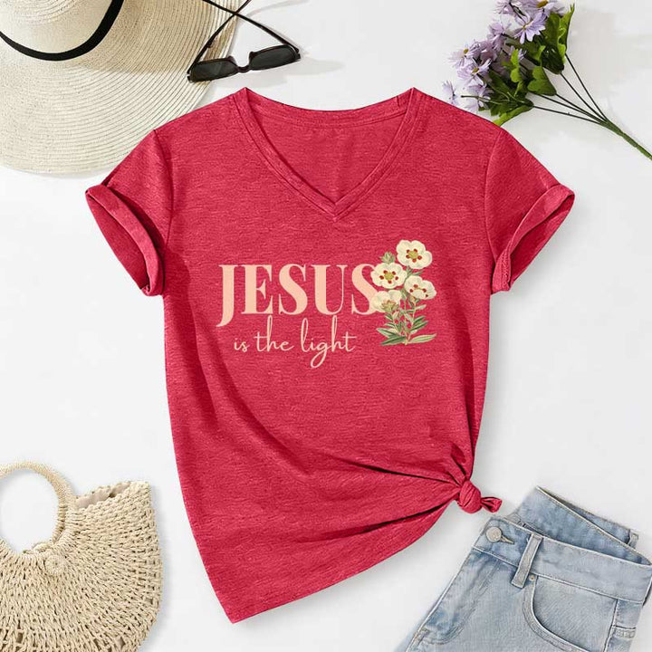 Christianartworkshop Jesus Is The Light Floral Casual V-Ausschnitt T-Shirt - Rot - 2XL - image 24