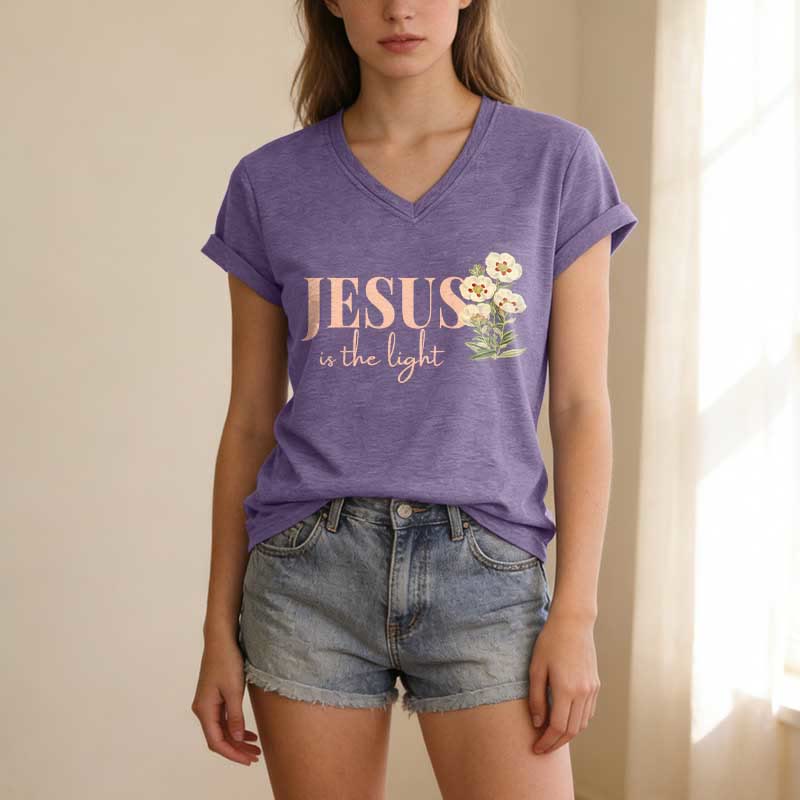 Christianartworkshop Jesus Is The Light Floral Casual V-Ausschnitt T-Shirt - image 19