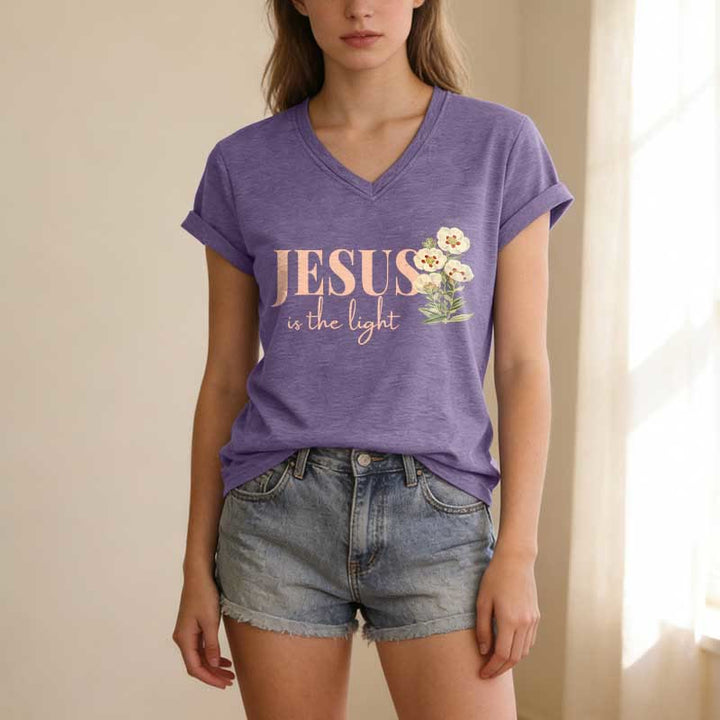 Christianartworkshop Jesus Is The Light Floral Casual V-Ausschnitt T-Shirt - image 19