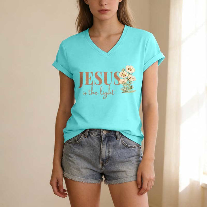 Christianartworkshop Jesus Is The Light Floral Casual V-Ausschnitt T-Shirt - image 11